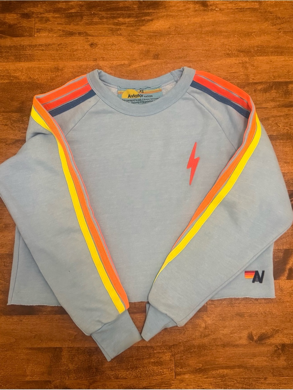Aviator Nation Bolt Rugby Stitch Crew Sweatshirt in Sky/Rainbow